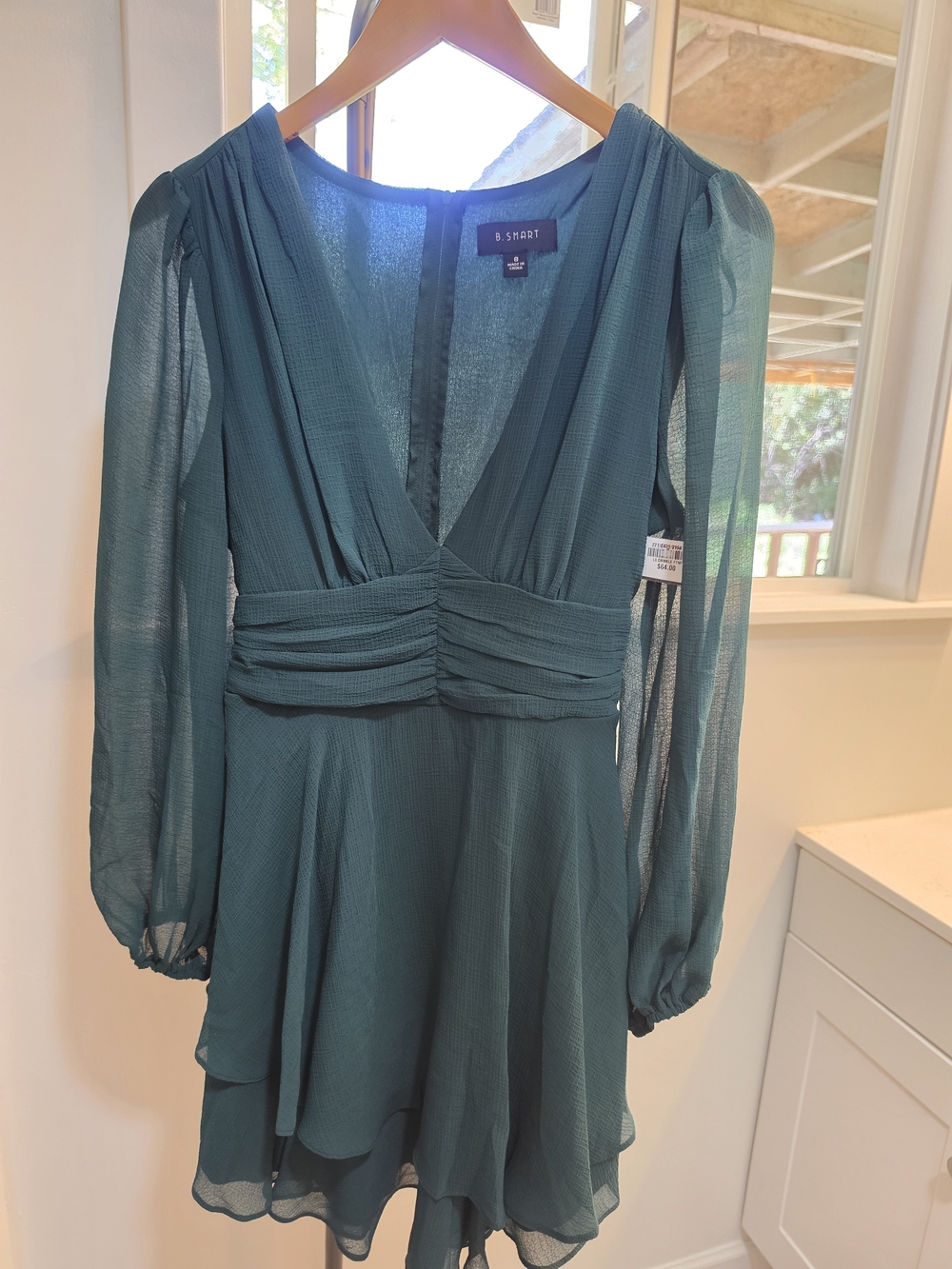 B. Smart Teal V-Neck Long Sleeve Chiffon Mini Dress